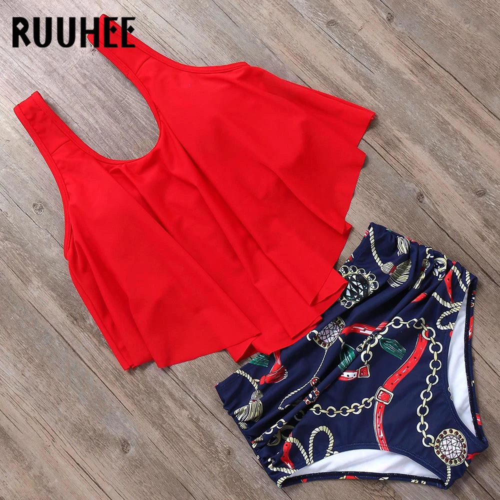 RUUHEE Flamingo Bikini Swimsuit Swimwear Women High Waist Tankini Set Push Up Bathing Suit 2019 Beachwear Plus Size Swimwear