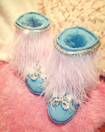 

Alice powder blue ostrich rhinestone gem flower season anti female snow boots