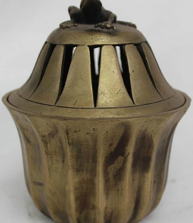 

6" Chinese Dynasty Folk Bronze Lucky Lotus Flower Frog Incense Burner Censer
