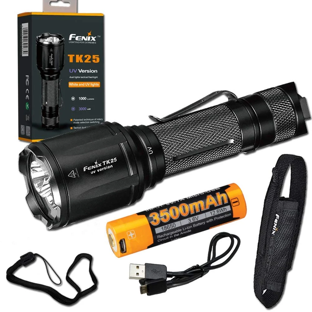 

Fenix TK25 UV 1000 Lumens white/3000mW ultra violet (UV) Dual Beam LED Flashlight (TK25UV) with ARB-L18-3500U Battery,USB Cable