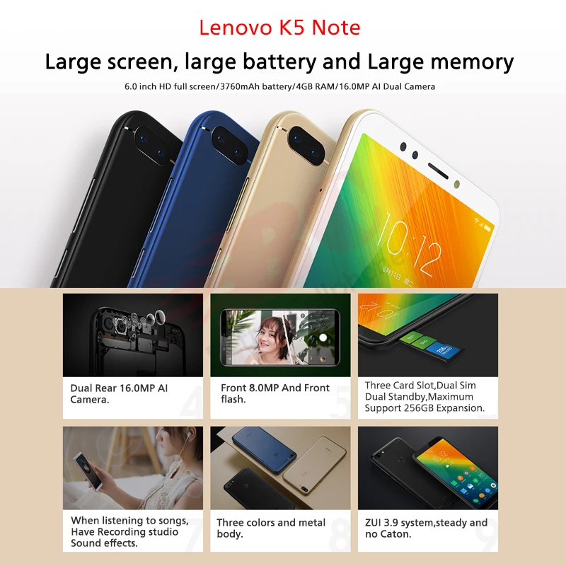 Lenovo K9 Note SmartPhone Rear Camera 16MP Front Camera 8.0MP Snapdragon 450 Octa-Core 3760mAh fingerprint 4GB+64GB OTG Lenovo K9 Note SmartPhone Rear Camera 16MP Front Camera 8.0MP Snapdragon 450 Octa-Core 3760mAh fingerprint 4GB+64GB OTG