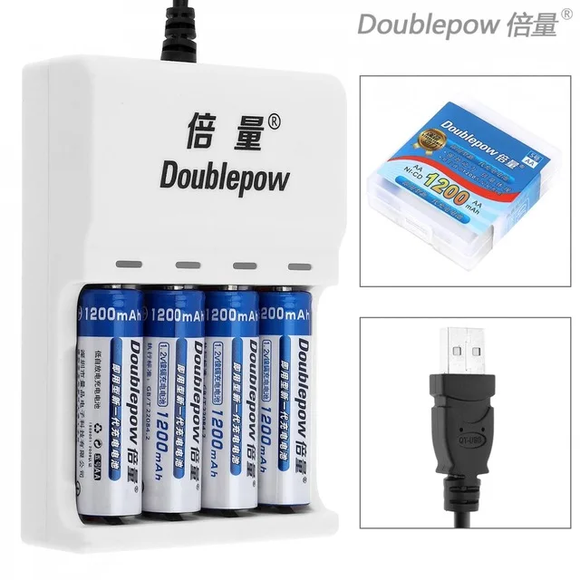 

Doublepow 4pcs USB Charger with LED Indicator + 4pcs Ni-CD AA 1200mAh Rechargeable Batteries + Portable Battery Box