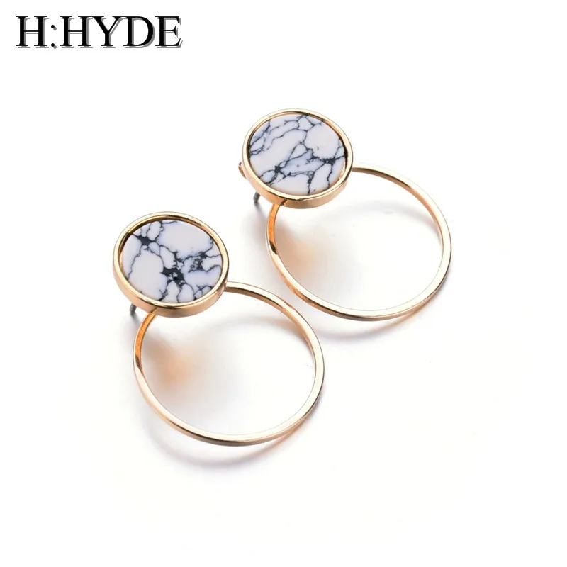 

H:HYDE Hollow Geometric Round Stud Earring Simple Charm White Stone Marble Earrings For Women Girl Fashion Ear Jewelry