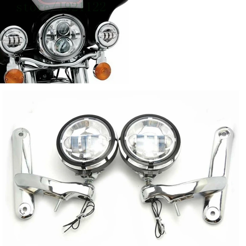 

4.5" 4 1/2" LED Auxiliary Chrome Lighting and 4.5" 4 1/2" Brackets For Harley Street Glide Harley Touring Electra Glide Motor