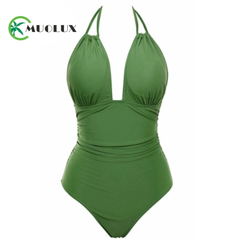 

MUOLUX 2020 Women Vintage Dots One Piece Swimwear Backless Tummy Control Monokini Swimsuit Halter Push up Bathing Plus Size 4XL