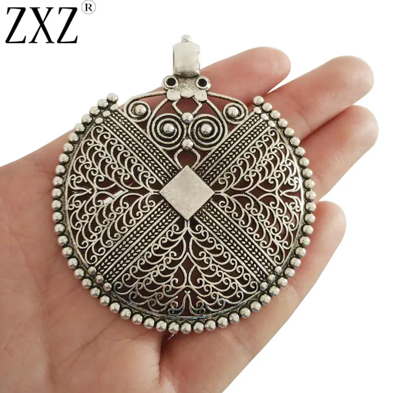 

ZXZ 2pcs Antique Silver Large Bohemian Boho Filigree Embossed Charms Pendants for Necklace Jewelry Making Findings 74x64mm