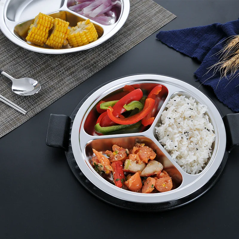 

304 Stainless Steel Round Plate With 3 Compartments Restaurant Dinner Plate Kids Food Container Rice Food Dinner Dish