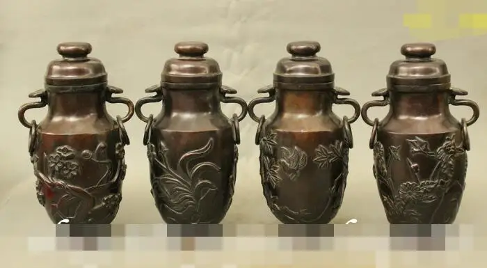 

S01082 12" Collect Chinese Bronze Auspicious Mei Lan Zhu Ju Bird Statue Bottle Vase Pot B0403