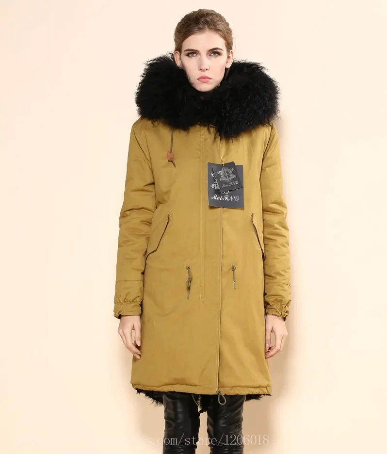 Зимнее теплое пальто большого размера, натуральный мех воротник, настоящая лампа лайнер желтая парка пальто, утепленная куртка по заводской цене - Цвет: Оранжевый