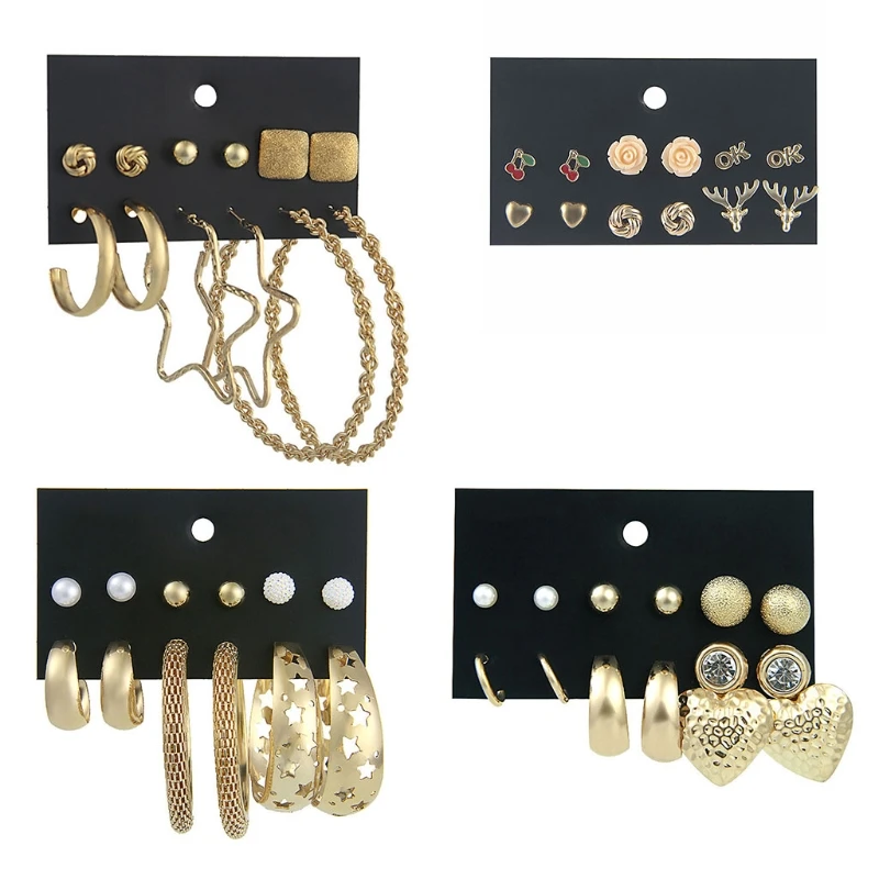 

Vintage Gold Leaves Long Tassel Simulated Pearl Hoop Stud Assorted Earrings Set Personality Gift Party Accessories W15