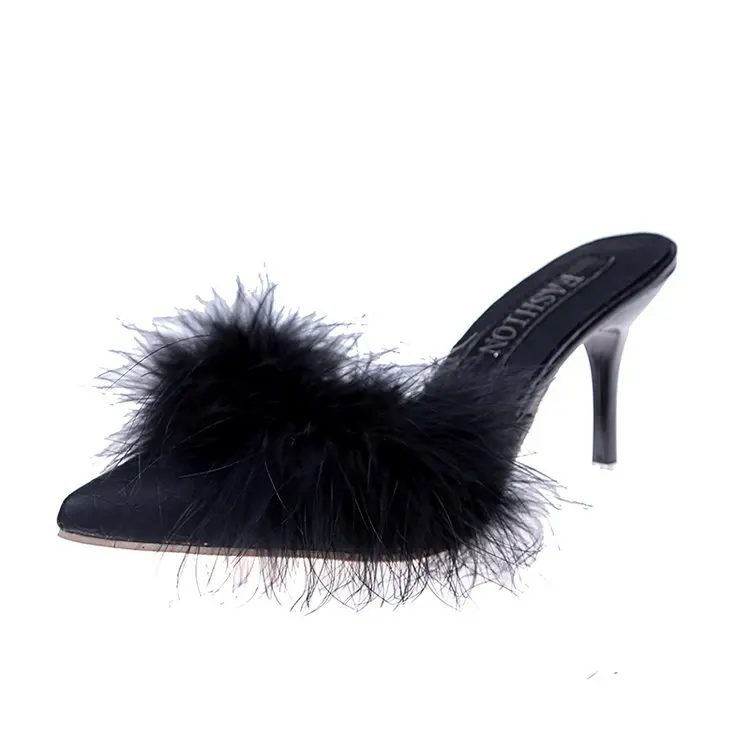 Женские шлепанцы на высоком каблуке с мехом модные весенние 2019|Тапочки| |