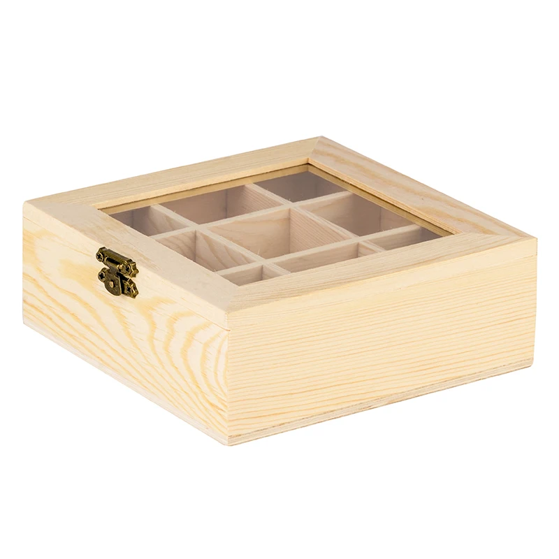 9 Compartments Vintage Wooden Jewelry Box Glass Top Storage Container Gift