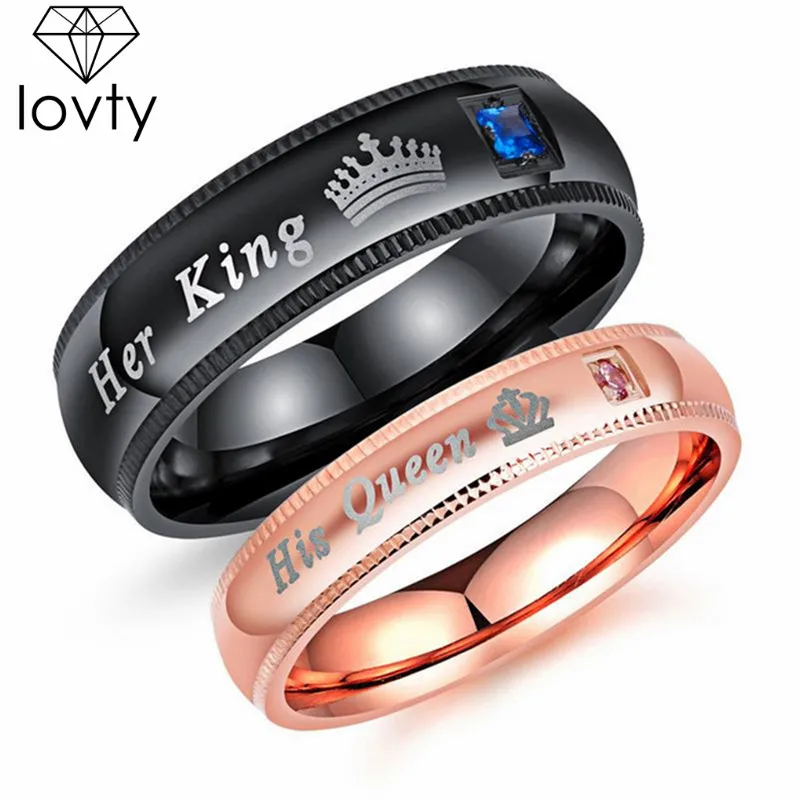 

lovty 2pcs Titanium Lover's Ring His Queen & Her King DIY Couple Ring Romantic Engagement Wedding Rings for Men Women Jewelry