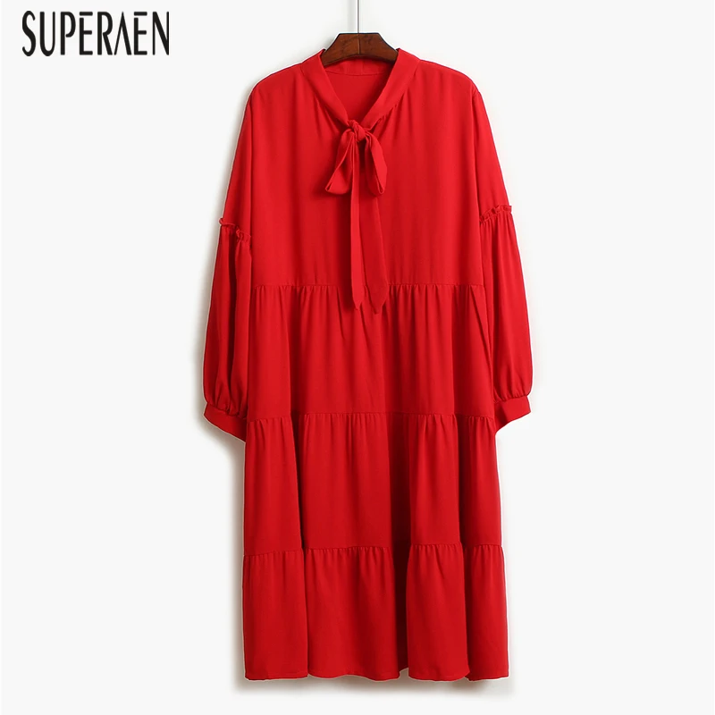 

SuperAen Bow Fashion Chiffon Dress Female Long Sleeves Solid Color Autumn 2018 New Women Dress Loose High Waist Women Clothing