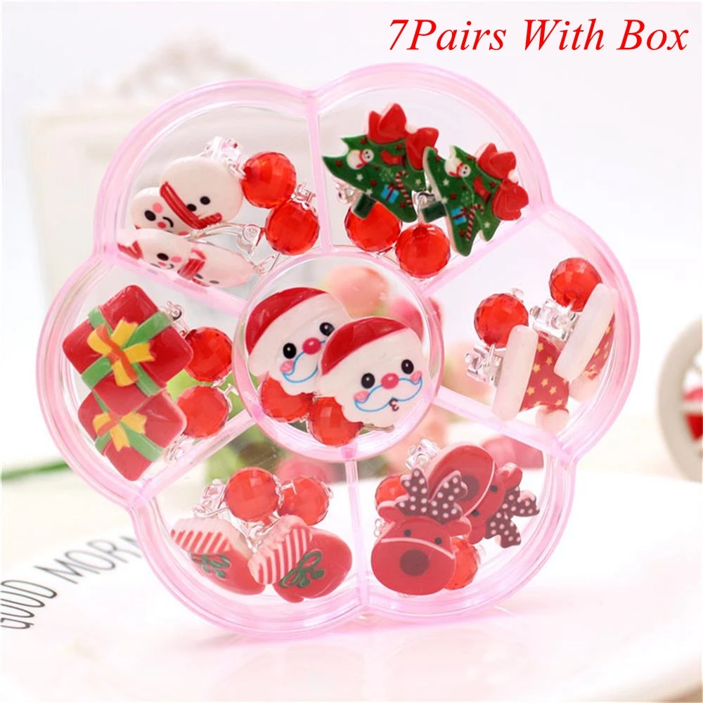 

7Pairs Santa Claus Christmas Hats Snowman Christmas Fake Earrings No piercing-Clip On Earring Xmas Jewelry Lovely Girl Kids Lady