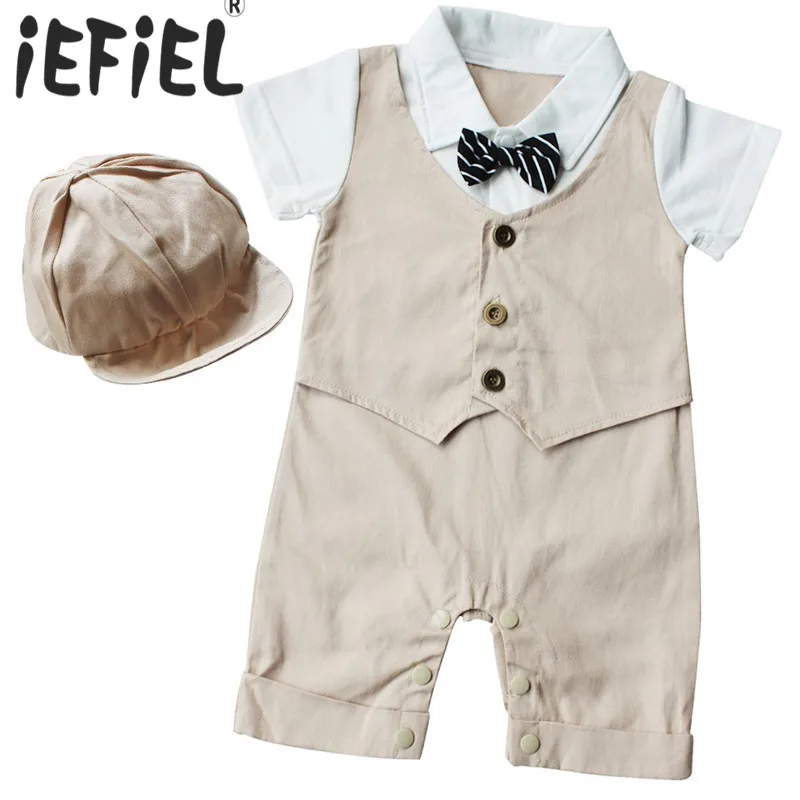 

Top Pants set Birthday Party Gentlemen Clothes Baby Boys Clothes Cotton Tie Gentleman Toddler Jumpsuit With Hat SZ 6-18 Months