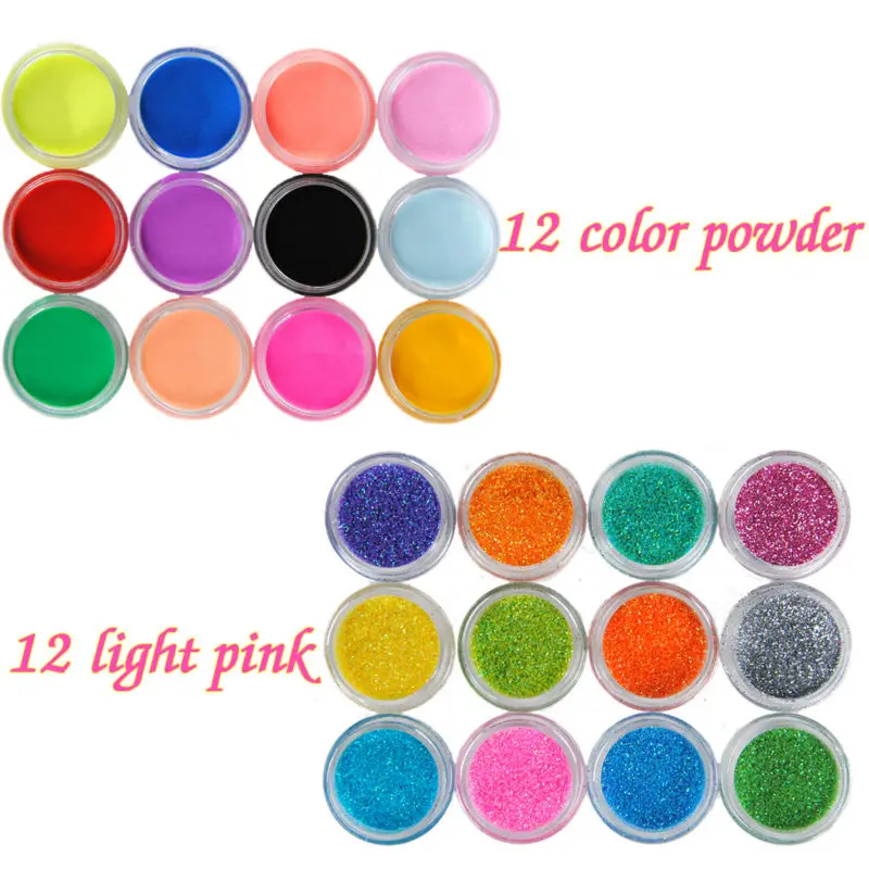 

12 pcs Nail Glitter+12pcs colored Acrylic Powder Nail Decoration For False Nail Art Tips Design Acrylic UV Gel Nail Builder Kit