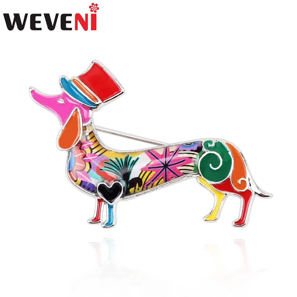 WEVENI Liga Declaração Esmalte Dachshund Cão Chapéu Broches Pinos Para As Mulheres Senhoras Adolescente Decoração Acessórios Novidade Cachecol Jóias