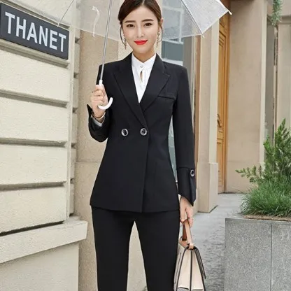 Womens Formal Pants Suits Women Office Pant Suit Set 2 Piece Double Breasted Blazer+Flared Pants Ladies Suite for Party Wedding