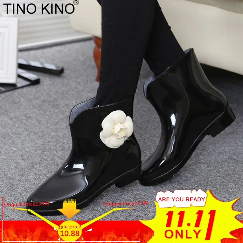 

2018 New Women Rubber Rain Boots Autumn Female Flower Bowtie Slip On Ankle Boots Fashion Shoes Lady Waterproof Casual Low Heels