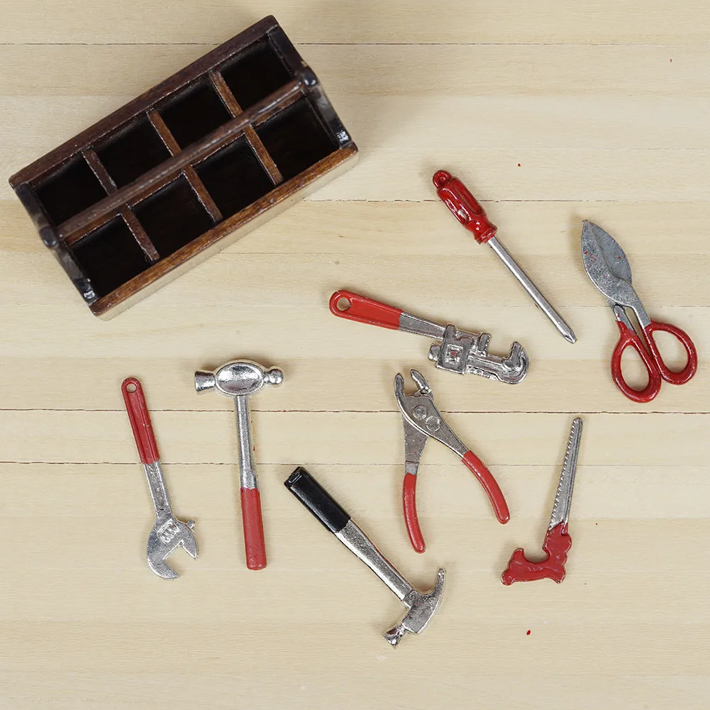 Dongzhur 1:12 Dollhouse Accessories Mini Toolbox Handmade DIY Doll House Mini Furniture Model 8 Pcs Tools Sets