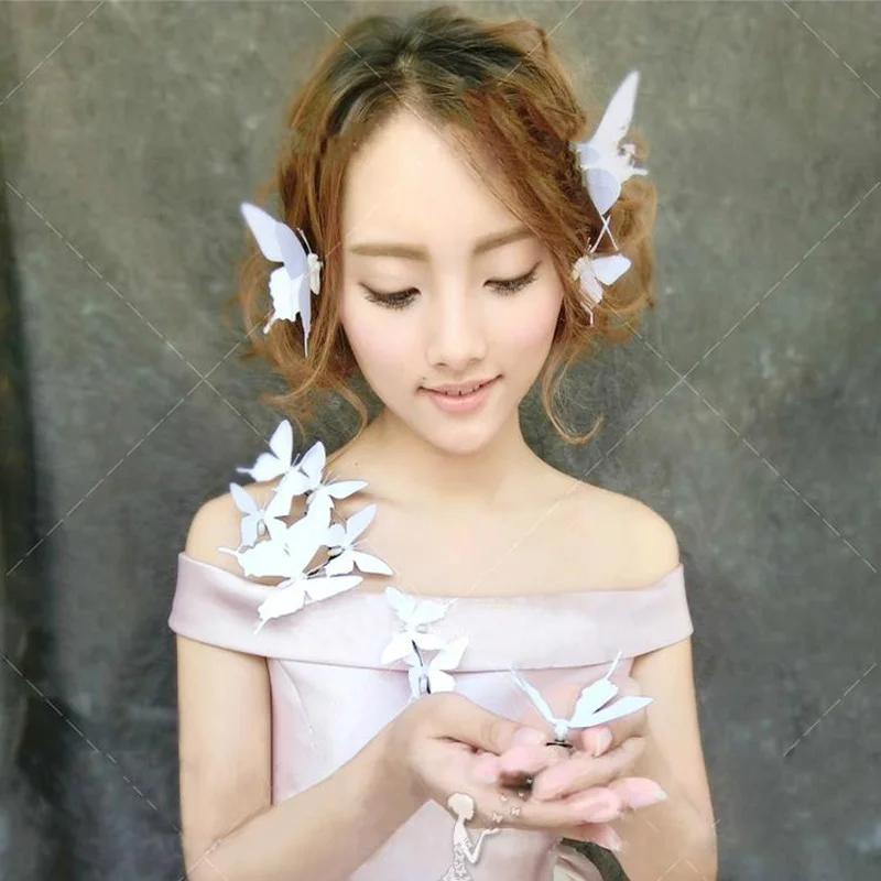 2 шт. новые модные трендовые модные милые летающие невесты белые Искусственные бабочки короткие аксессуары для волос невесты заколки для волос