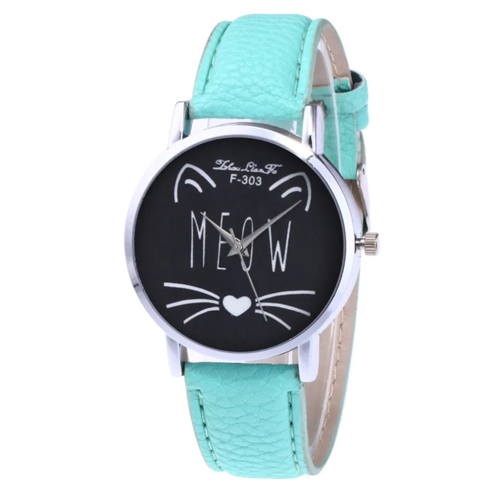 Женские модные повседневные женские часы из искусственной кожи с ремешком, аналоговые кварцевые круглые часы с рисунком кота, часы с принтом, Relogio# A