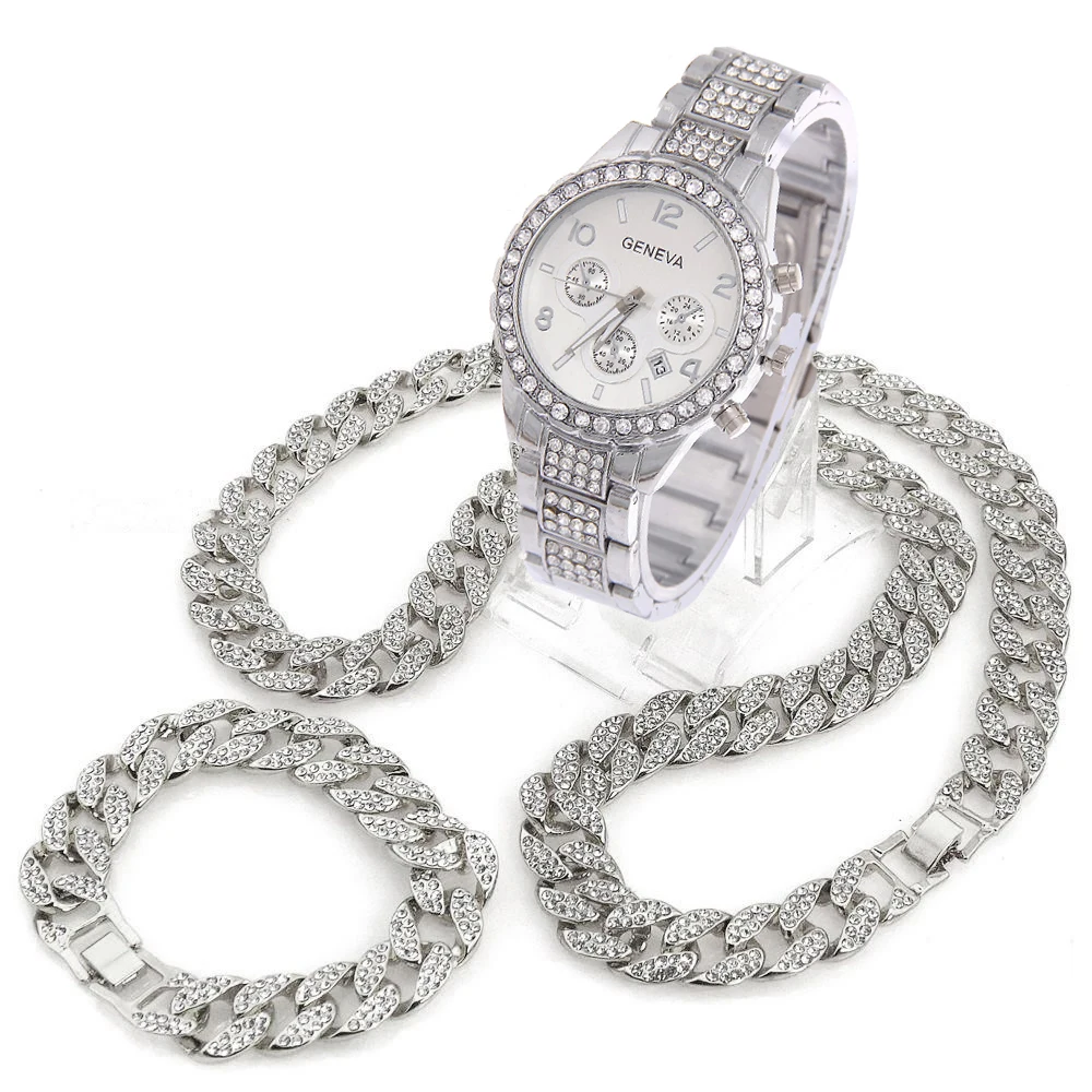 Iced Out часы 1" кубинские звенья цепи ожерелье& 8,5" браслет комплект