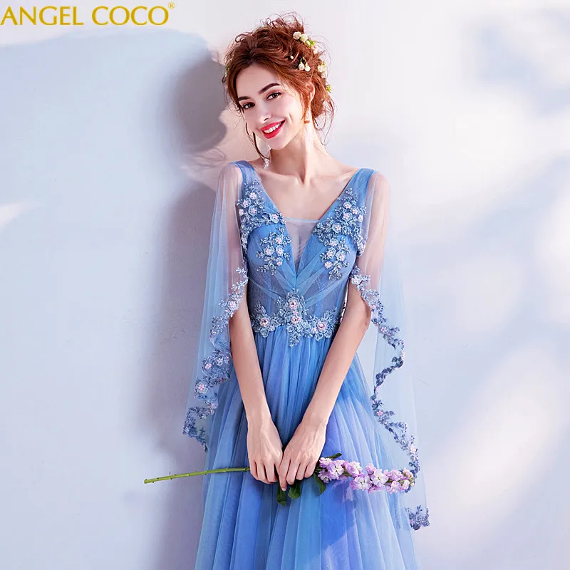 

Romantic Blue Pregnant Woman Evening Dress Maternity Clothing V Neck Applique Beaded Sequins Maternity Party Gowns Arabic
