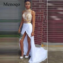 Реальный образец Русалка Ближнем разрез белый и золотой кристалл Свадебные платья Гала galajurken Платья для вечеринок из двух частей Выпускные платья