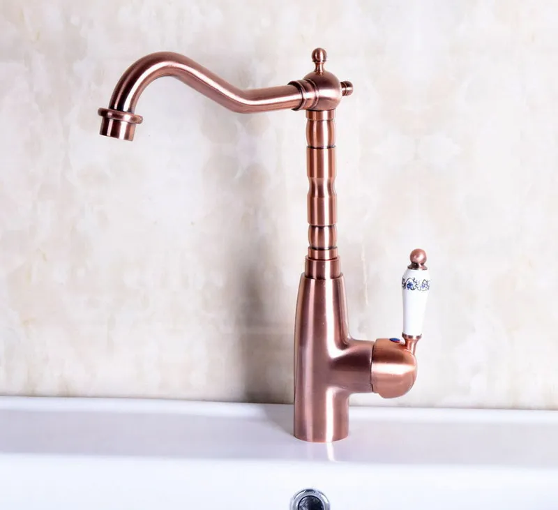 Vintage Red Copper Antique Brass Single Handle Swivel Spout Bathroom Basin Kitchen Sink Faucet Cold & Hot Mixer Tap anf132