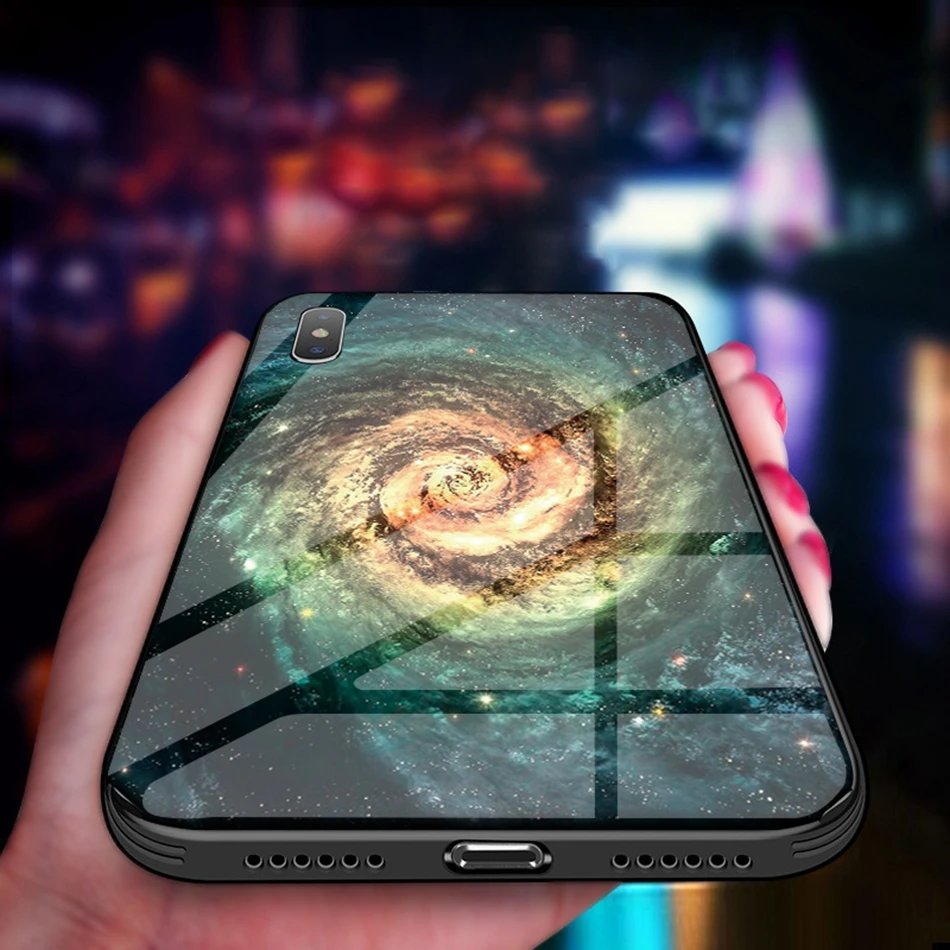 Luxury tempered glass case for iPhone XS Max silicone space patterned phone cover for iPhone XS XR X 8 7 6 6s plus fitted coque  (2)