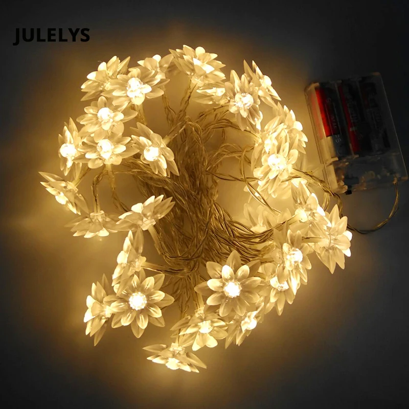 JULELYS 10M 80 Bulbs Lotus Fairy Lights LED Garland Battery Powered LED Light Gerlyanda Christmas Room String Lights Decoration