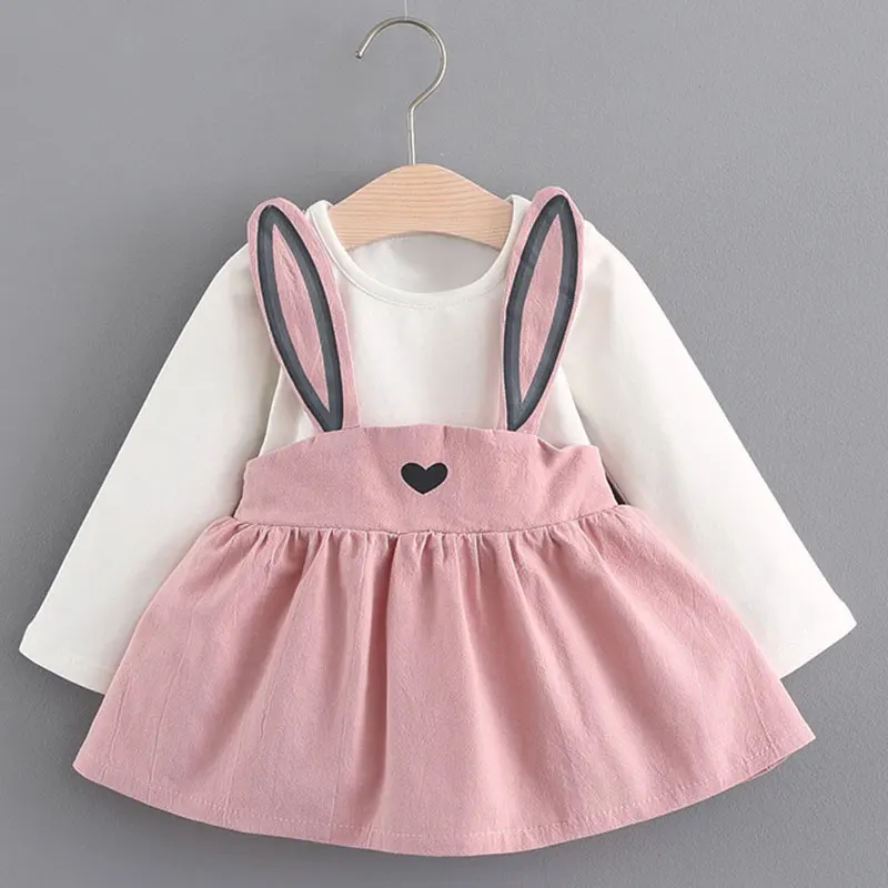 Платье для маленьких девочек Новая повседневная осенняя одежда для малышей клетчатое платье с длинными рукавами и имитацией двух частей, на бретельках, с изображением медведя Милая одежда для маленьких девочек - Цвет: AX248 Pink