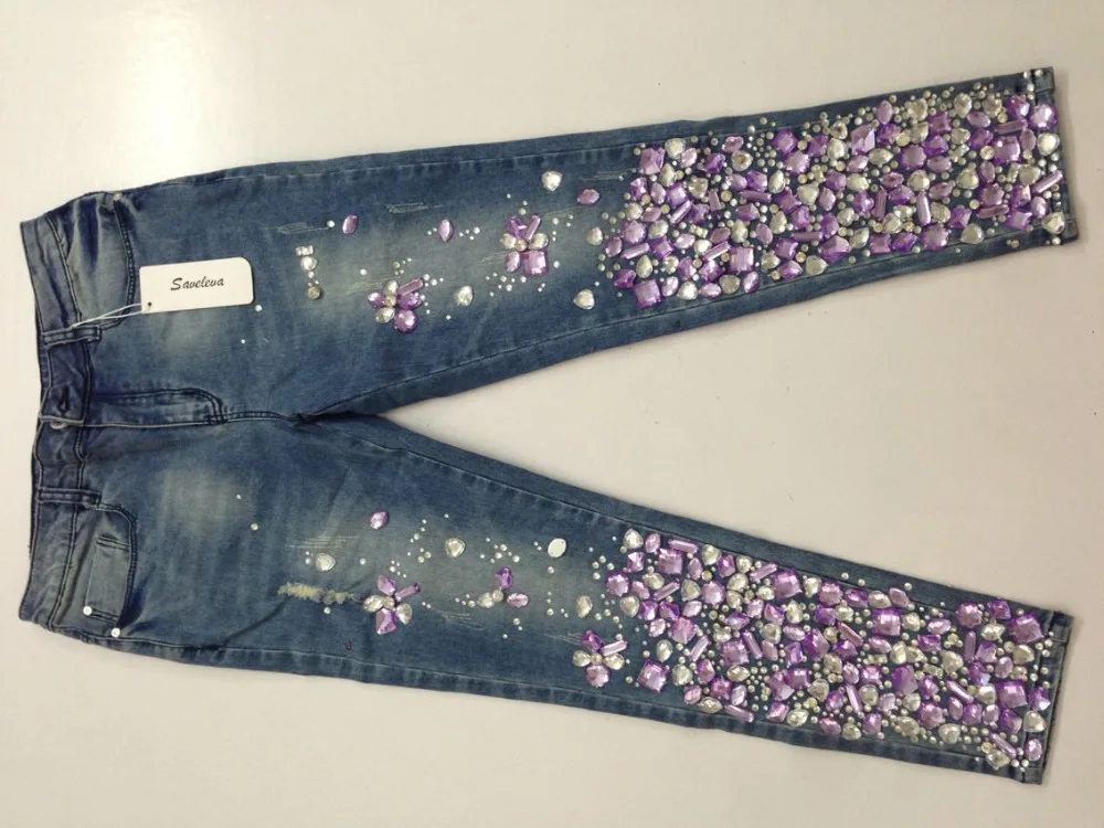 Джинсы бойфренда Роскошные Стразы Алмаз карманные джинсы, женские брюки уличная Женская стрейчевое большого размера облегающие джинсы
