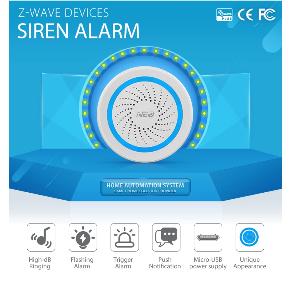 Z-wave Plus Sound and Light Alarm Sensor CR123A Battery-Powered Can Be Charged with USB Zwave Wireless Home Automation System