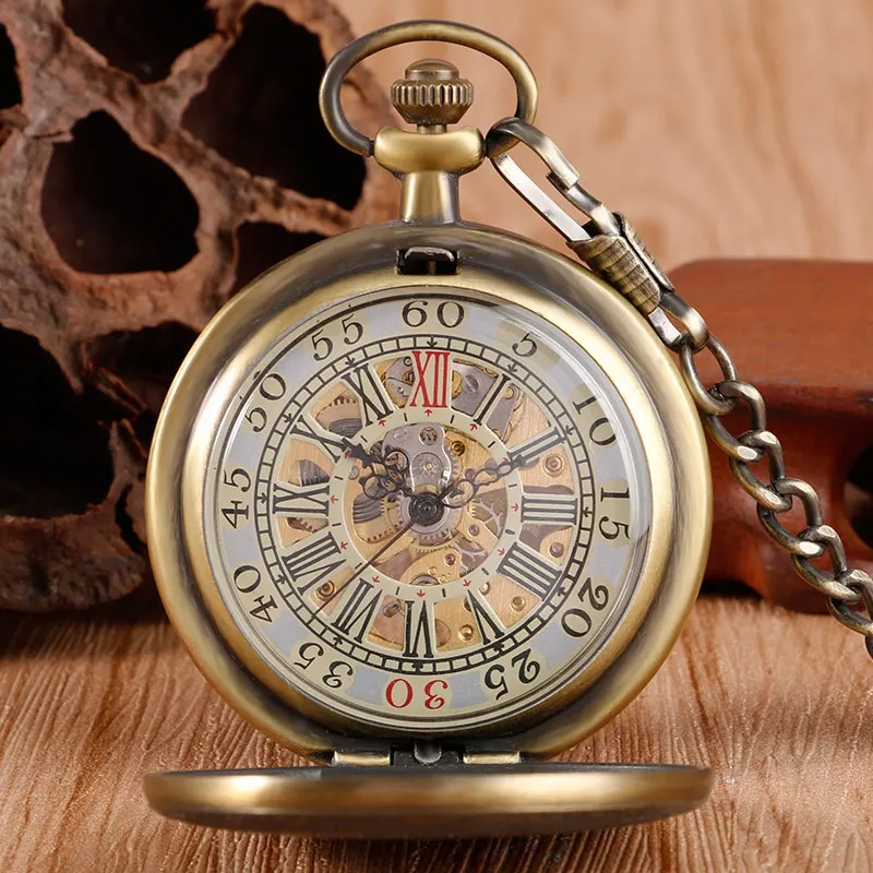 Bronze font b Mechanical b font Watch Hand Wind Pocket Board Plank Pattern Retro Vintage Antique