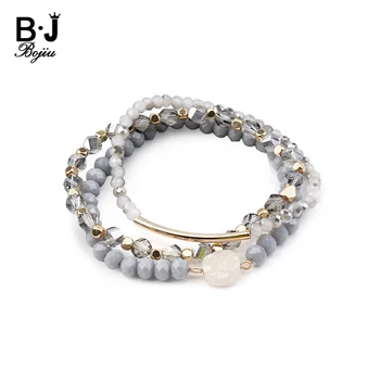 BOJIU 3 Pcs/Set Trendy Bracelets For Women Crystal White Quartz Gold Tube Tiny Beads Copper Nuggets Bracelet Jewelry BCSET179