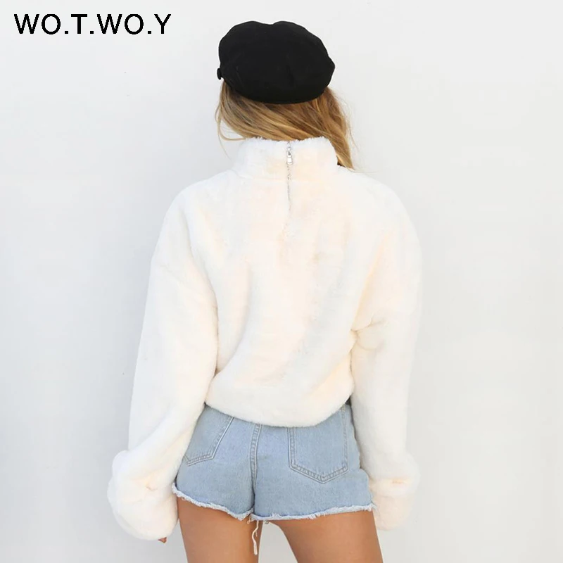 WOTWOY Thick Lambswool Winter Jacket Women Faux Fur Wool Coats Women Outerwear Warm Back Zippers Crop Teddy Jackets Women 2018