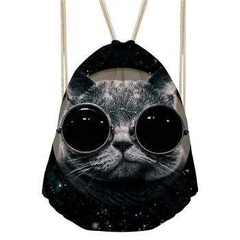 

THIKIN Girls Drawstring Bags Cool Glasses Cat Feminina Drawstring Backpack for Women 3D Print Cute Mini School Bags Ball Pockets