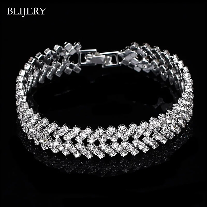 BLIJERY Свадебные серебряные Цвет Украшенные стразами Браслеты для Для женщин геометрический Форма Браслеты и браслеты Femme Свадебные украшения