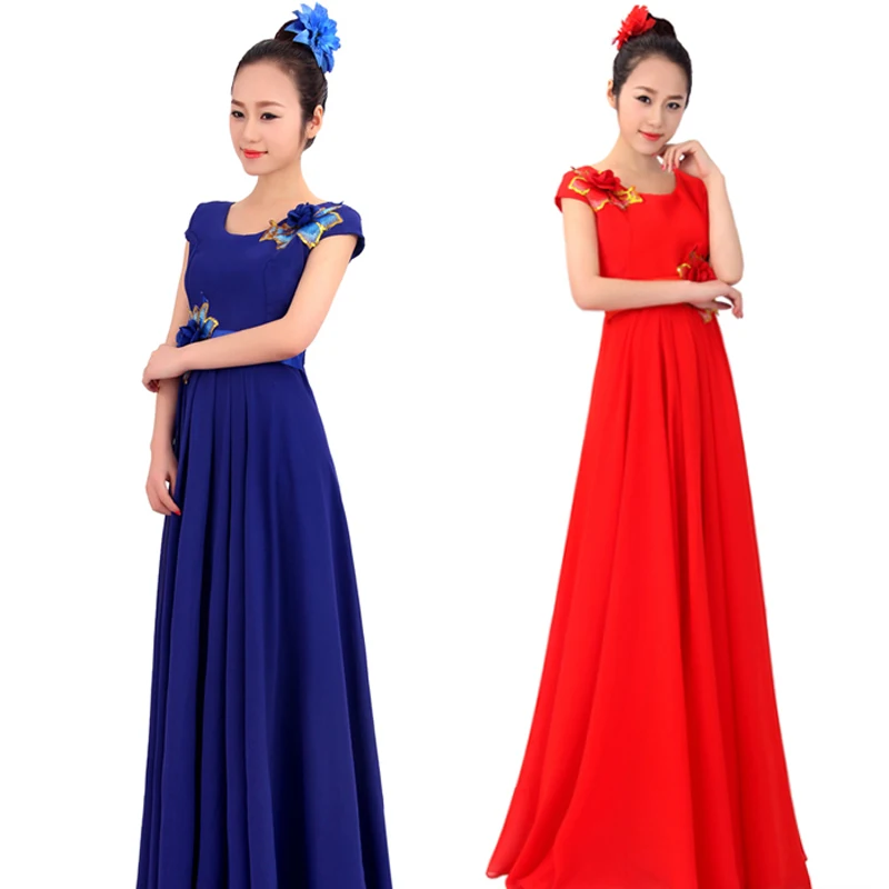 (0178) Chinese folk music chorus costumes stage blue China wind costumes performance clothing red Chinese style