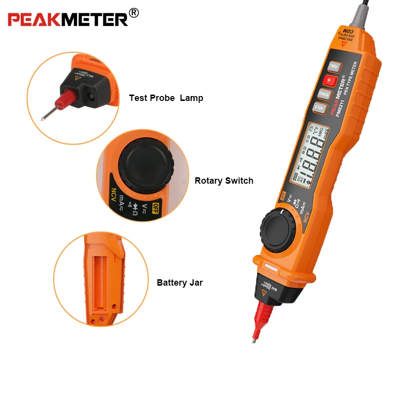 NCV цифровой мультиметр, Peakmeter PM8211 2000 отсчетов Ручка Тип lcd DC/AC напряжение Мегаомметр Амперметр мультитестер