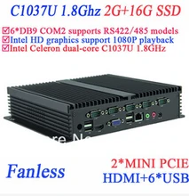 Windows embeded industrial pc with 6 COM HDMI 2 Mini PCI-E Intel Celeron C1037U 1.8Ghz 2G RAM 16G SSD