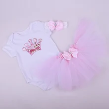 3 шт. комплект для маленьких девочек Розовая Принцесса Корона Платье-пачка для дня рожденья комплект младенческой ползунки Пышная юбка повязка на голову