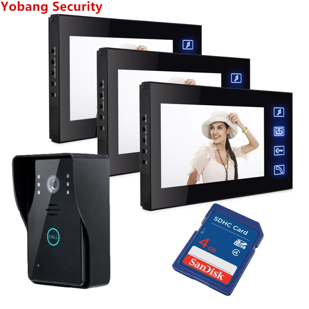 Yobang Security freeship 7\ Video Intercom Door Phone 3 Monitors DoorBell phone Camera for 3 House Apartment and Video camera