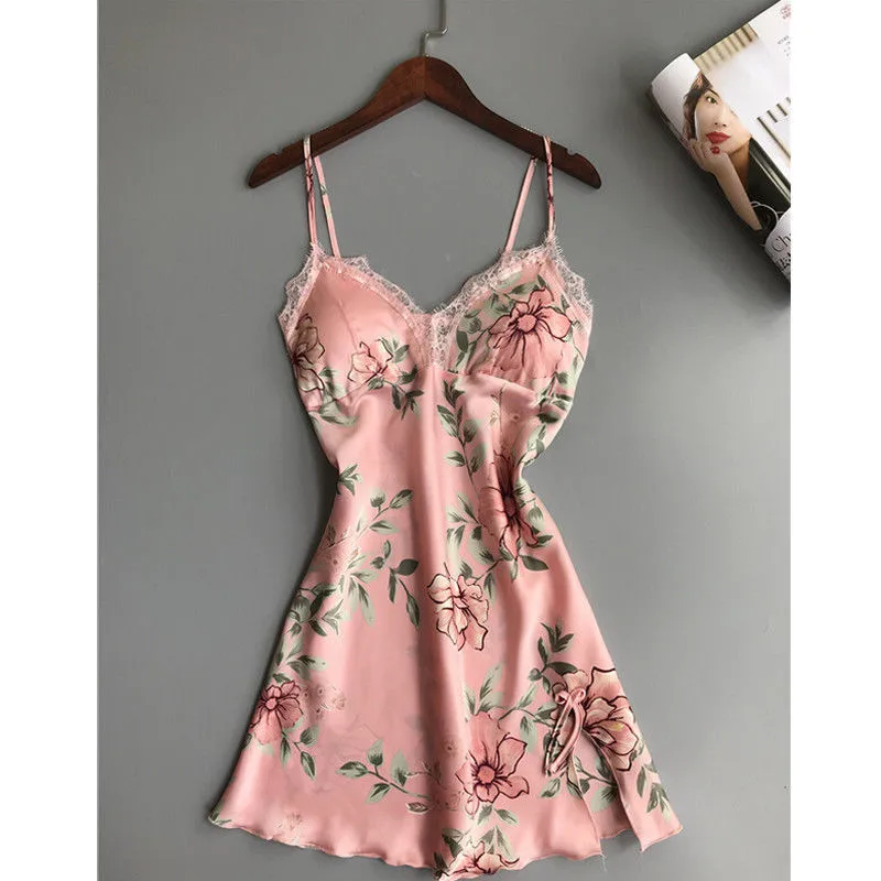 

Women's Summer Sexy Lace Stitching Satin High Waist Nightdress With Cotton Pad V-Neck Sling Split Flower Print A-Line Nightdress