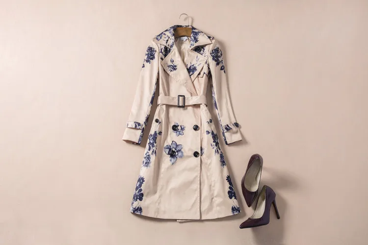 Manches Imprimer Turn 2017 Avec down Automne Double Boutonnage Pleine Collar Manteau Mode Fleurs Ceintures Long Des Date L'europe Femmes Kaki De 01nxgPO