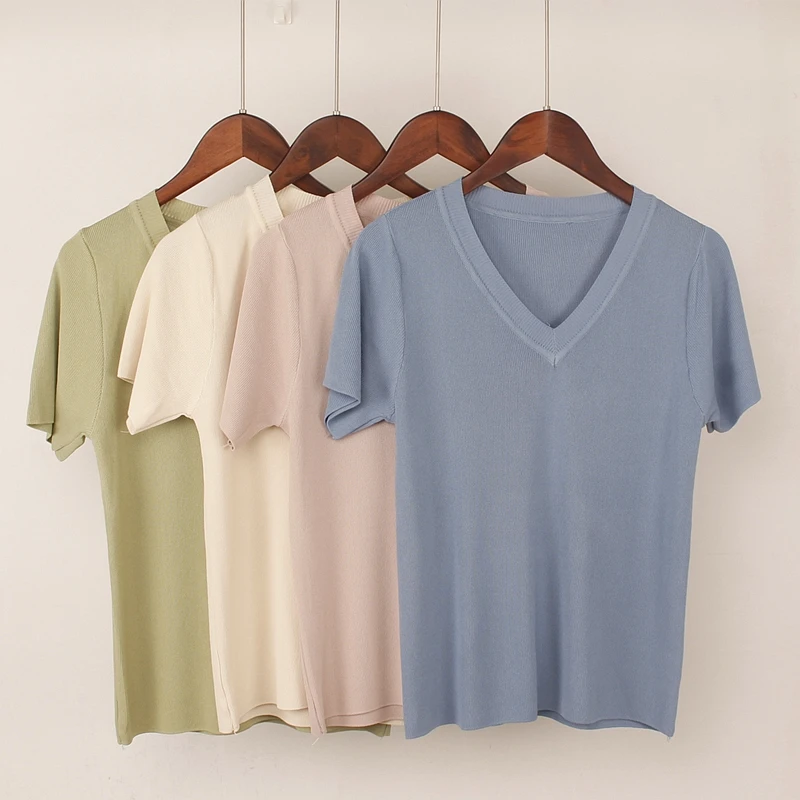 

ONLYSVTER New Summer Knitted Women T Shirt Breathable V-Neck Casual Short Sleeves Top Elasticity Femme Tshirt