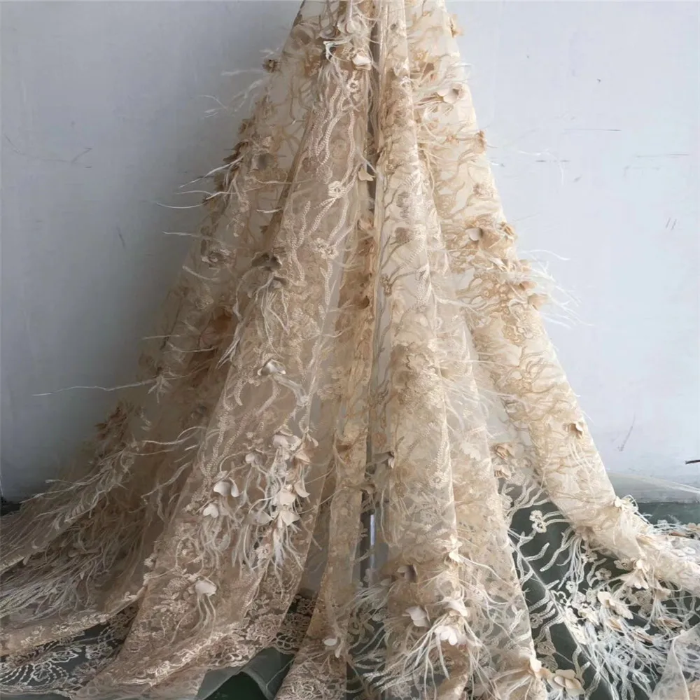 5yards 3D lace fabric with Ostrich feather, nude heavy bead lace fabric for haute couture dress F58-3